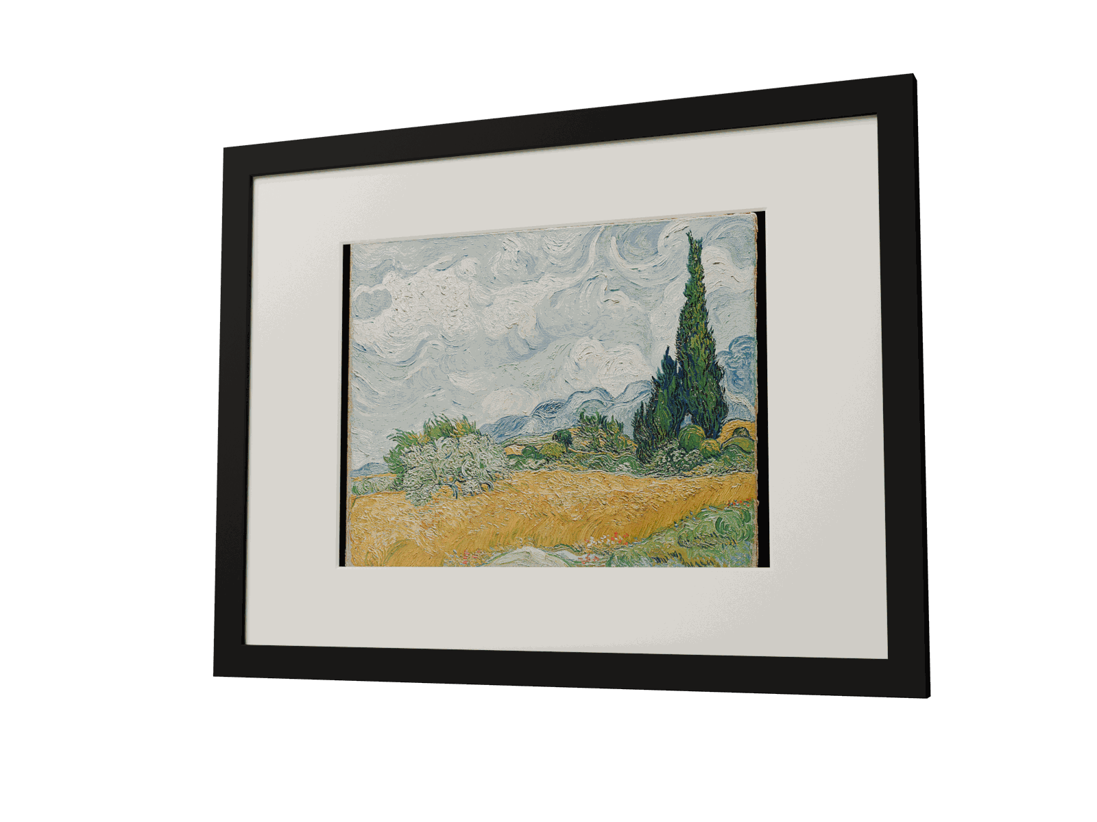 A black wooden frame showing Wheat Field with Cypresses as a six-ink print