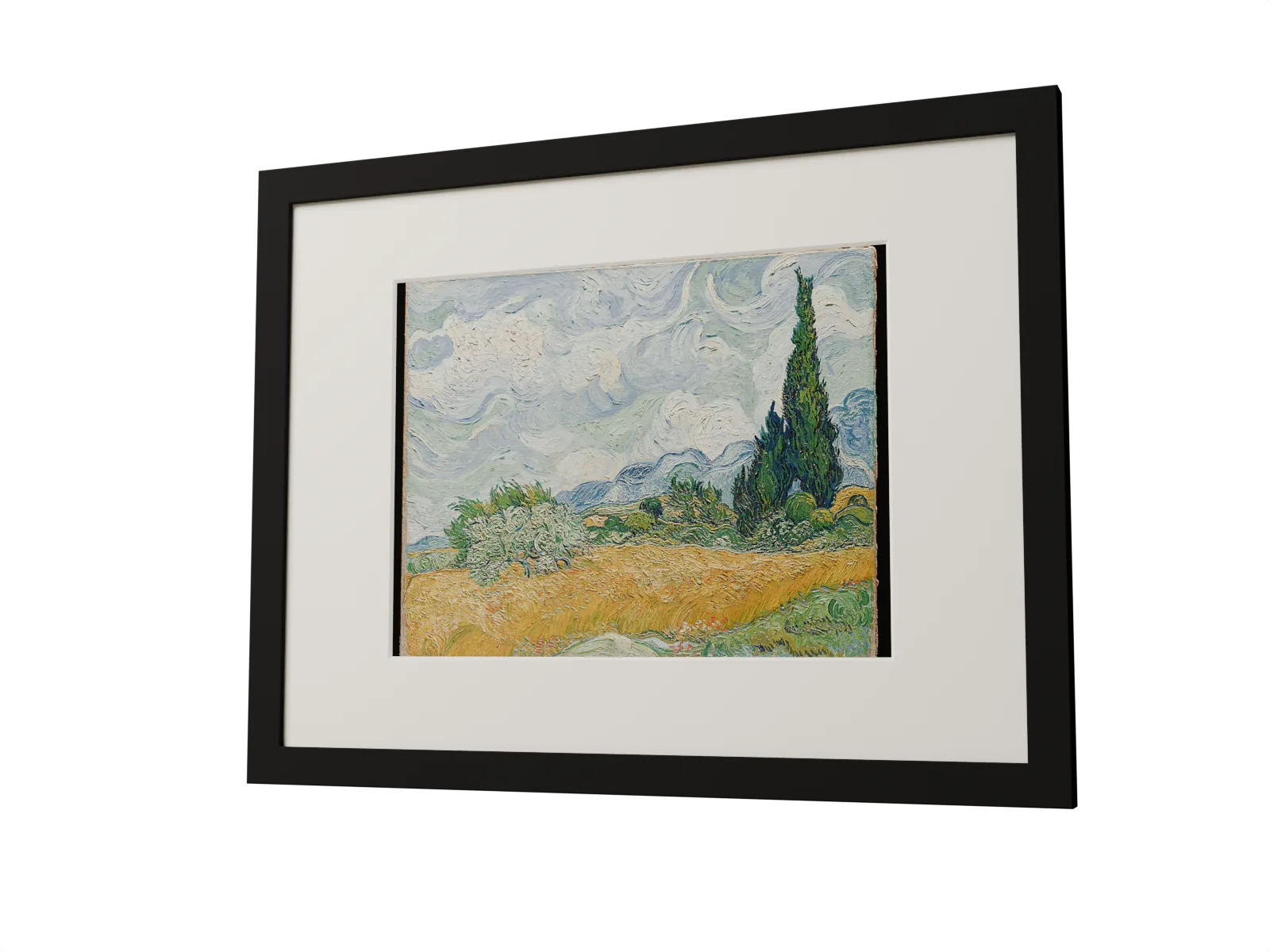 A black wooden frame showing Wheat Field with Cypresses as a six-ink print